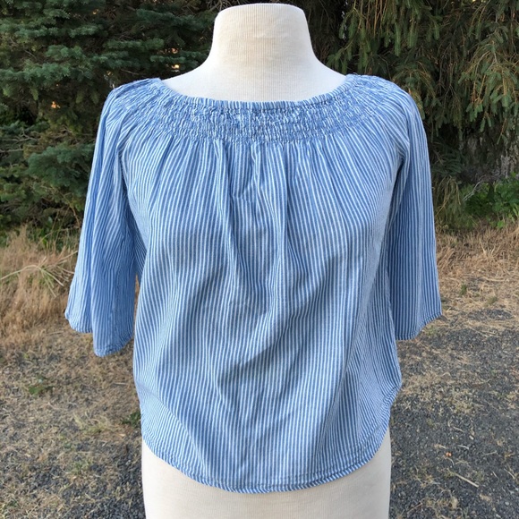 [Love Notes] Striped Chambray Peasant Blouse sz M - Picture 2 of 6